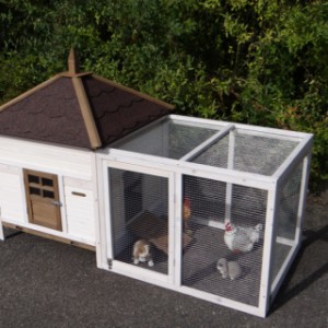 Der Auslauf von Hühnerstall Ambiance Large ist ausgestattet mit ein Gitterdach