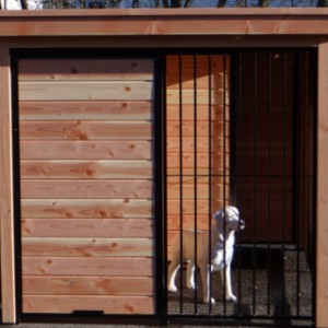 Der Hundezwinger aus Holz ist ausgestattet mit ein Dach Luxe