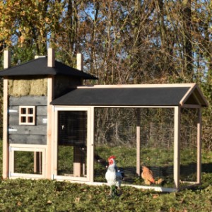 Der Hühnerstall und der Auslauf sind ausgestattet mit schwarze Dachpappe