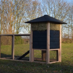 Der Kaninchenstall Rosanne ist erweitert mit ein Anbau-Auslauf