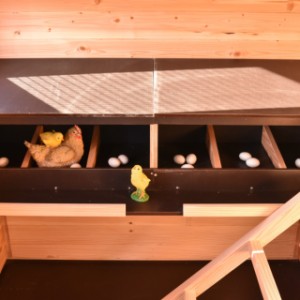 Dieser herrlich große Legenestbereich ist für bis zu 6 Hühner gleichzeitig geeignet.