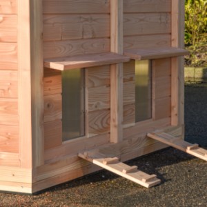 An der Außenseite bei den Auslaufklappen befinden sich 2 Laufbretter, damit die Hühner leicht nach draußen und wieder nach drinnen laufen können.