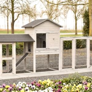 Die Anbauvoliere Functional kann auf verschiedene Weise mit dem Hühnerstall Prestige Large und der Anbauvoliere Space Large verbunden werden