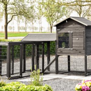 Die Anbauvoliere Functional kann auf verschiedene Weise mit dem Hühnerstall Prestige Large und der Anbauvoliere Space Large verbunden werden