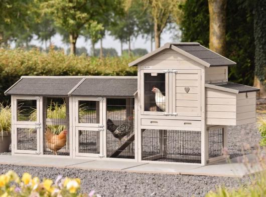 Hühnerstall Prestige Small Light-grey mit 2 Ausläufe und Legenest 265x72x122cm