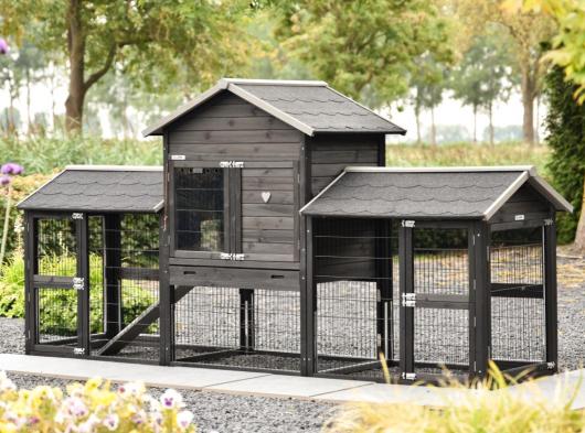 Kaninchenstall Prestige Medium mit doppeltem Auslauf Black Anti-Knabber 299x90x150 cm