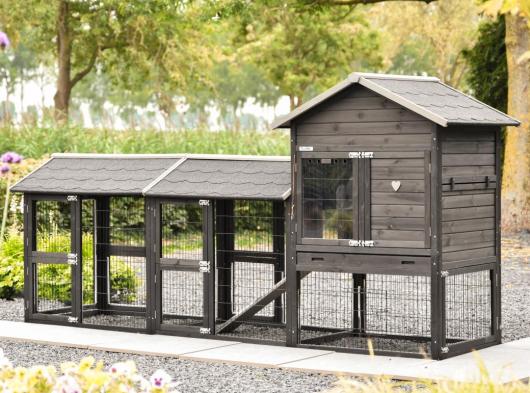 Kaninchenstall Prestige Medium Black mit 2 Ausläufen 301x91x150 cm