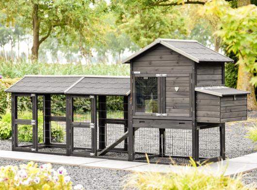 Hühnerstall Prestige Medium Black mit 2 Ausläufe und Legenest · 326x91x150cm