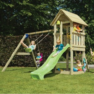 Spielgerät Kiosk niedrig mit Schaukel und Rutsche - Blue Rabbit