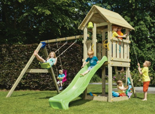 Spielgerät Kiosk niedrig mit Schaukel und Rutsche - Blue Rabbit