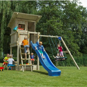 Spielgerät Beach hut niedrig mit Schaukel und Rutsche | Blue Rabbit